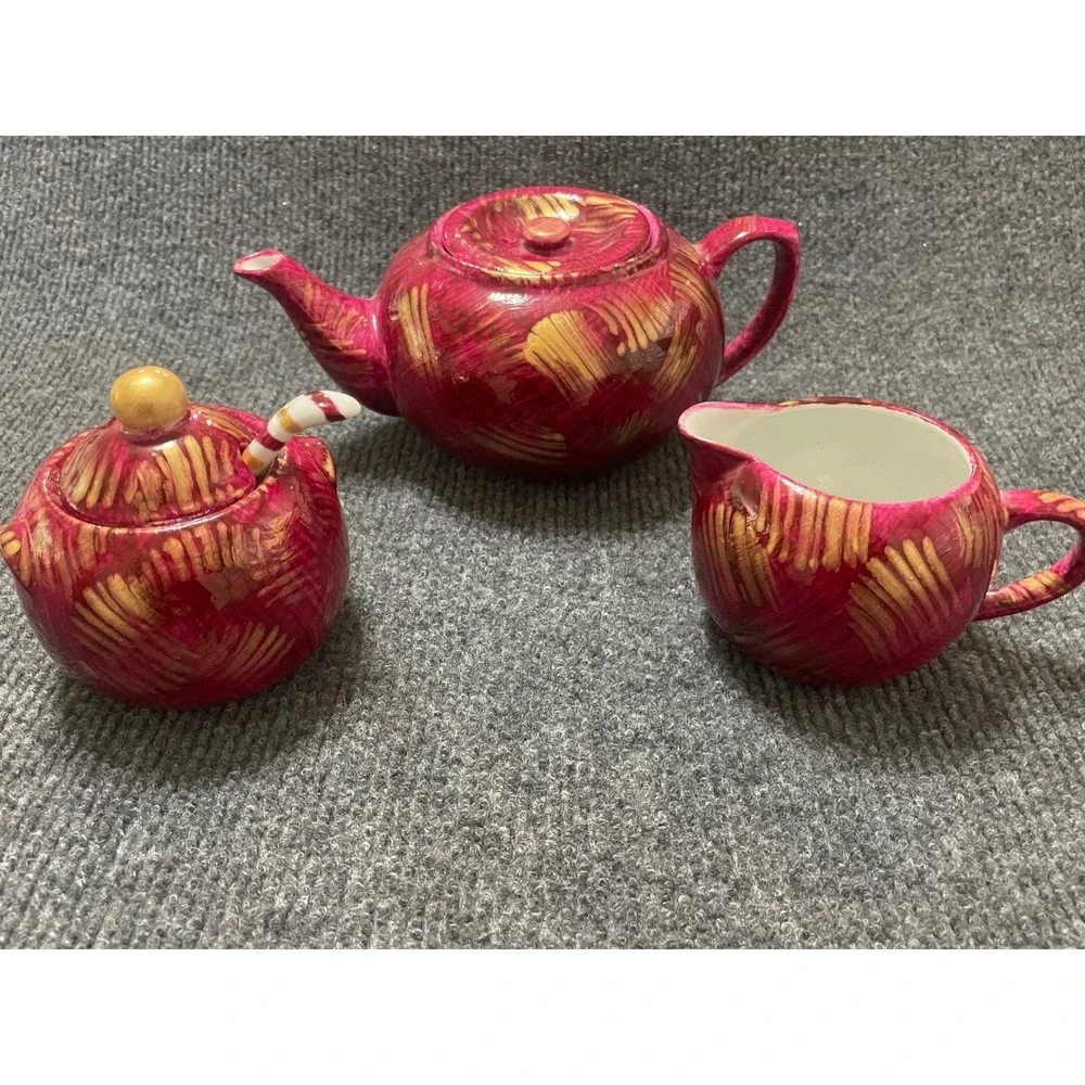 BIA Cordon Bleu Magenta Hand Painted Ceramic Teapot Creamer Sugar Bowl Set